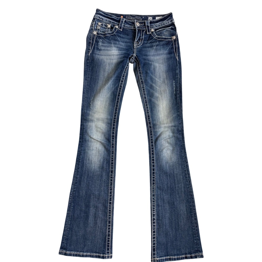 Miss Me Bootcut Jeans Womens 25 Dark Wash Rhinestone Flap Pocket Stretch JP5942B